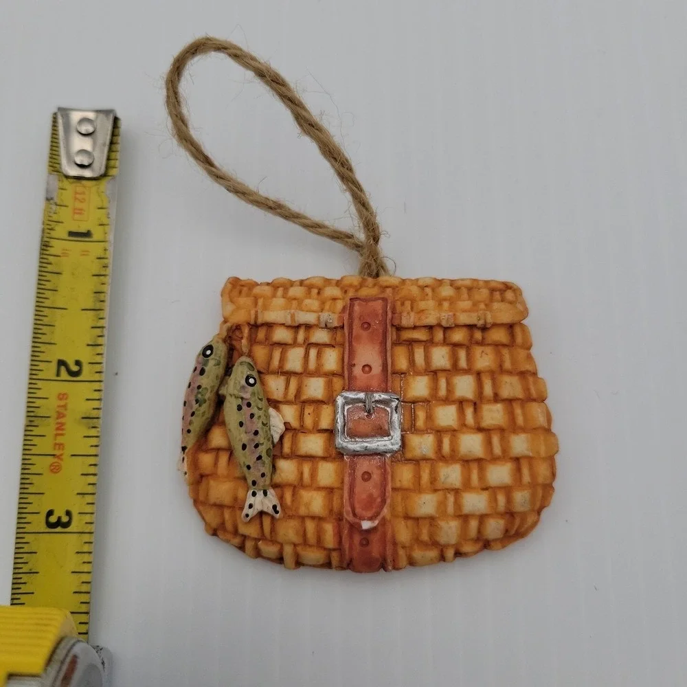 Fishing Creel Basket Bag With Fish Christmas Holiday Ornament Brown